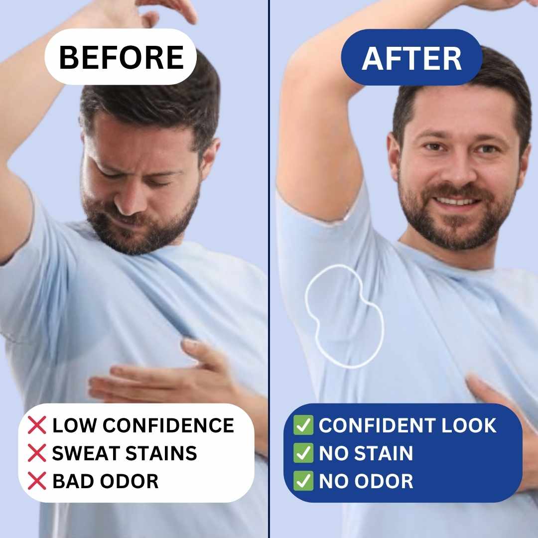 Before and after comparison of a man with arm sweat and odor issues, showing a confident look with no stains or odor.